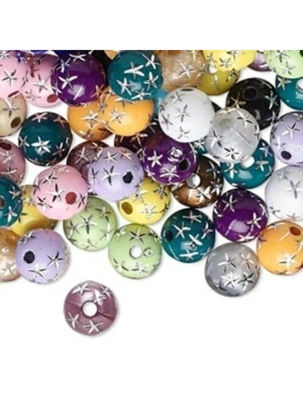 Vintage Retro Mixed Colors Silver Stars 8mm Round Acrylic Shabby Beads 20 pcs
